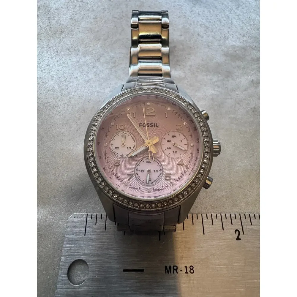 Fossil Pink Chronograph Watch Crystal Bezel Stainless Steel -Needs Battery